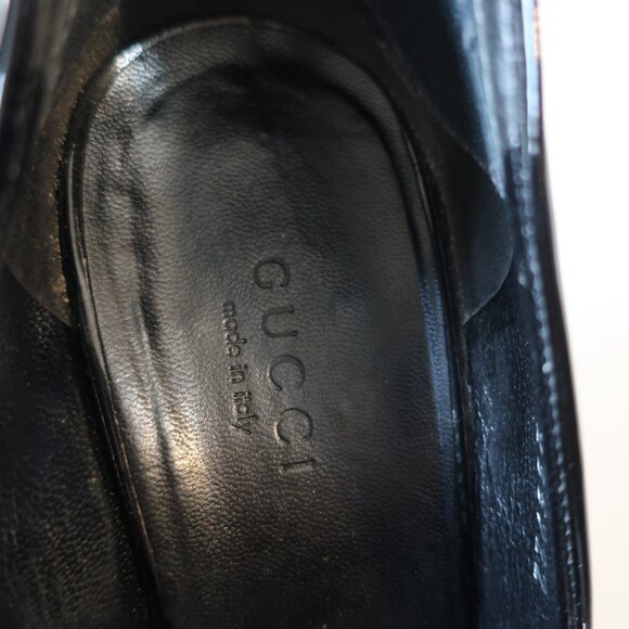 Women Gucci Black Patent Leather Horsebit Peep Toe Platform Heels 6 - Picture 8 of 16